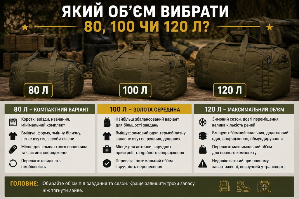 Військовий баул 2026: розміри, об’єм 80–120 л і як вибрати для ЗСУ