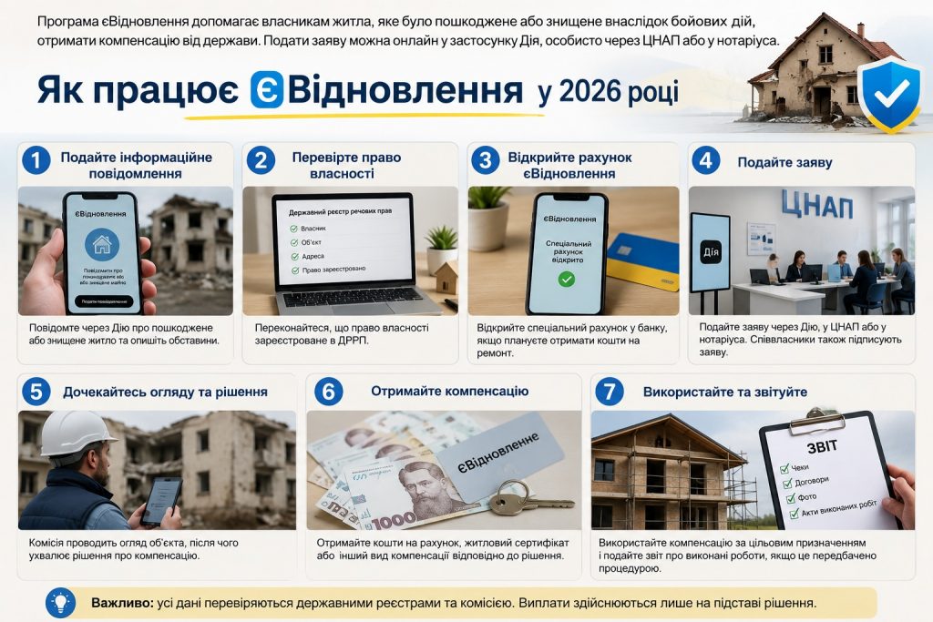 єВідновлення 2026: як отримати компенсацію за пошкоджене чи зруйноване житло — документи, суми та терміни