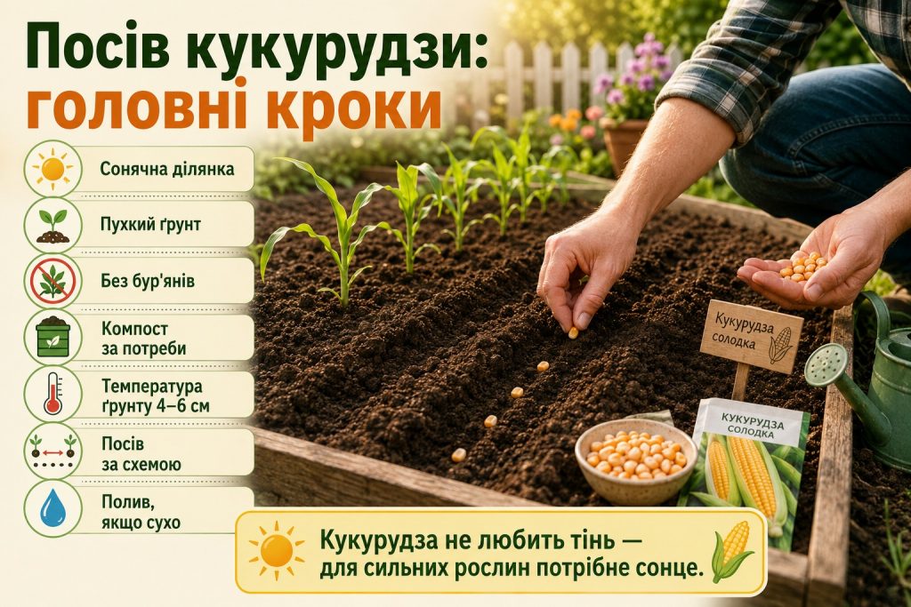 Коли сіяти кукурудзу у відкритий ґрунт у 2026 році: температура, строки та схема посадки