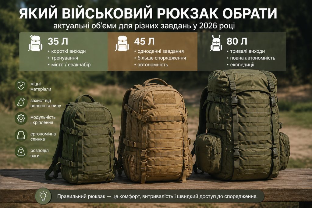 Військові рюкзаки 2026 року: тактичні моделі на 35, 45 і 80 літрів, MOLLE та Cordura 1000D