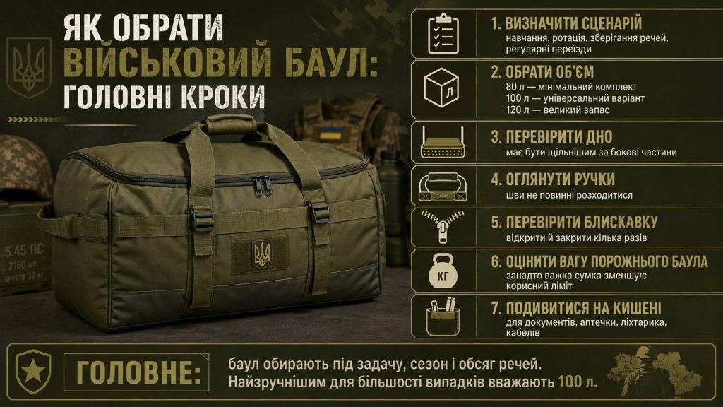 Військовий баул 2026: розміри, об’єм 80–120 л і як вибрати для ЗСУ