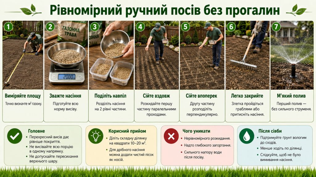 Як правильно посіяти газонну траву вручну: норма висіву, підготовка ґрунту та газон без плям