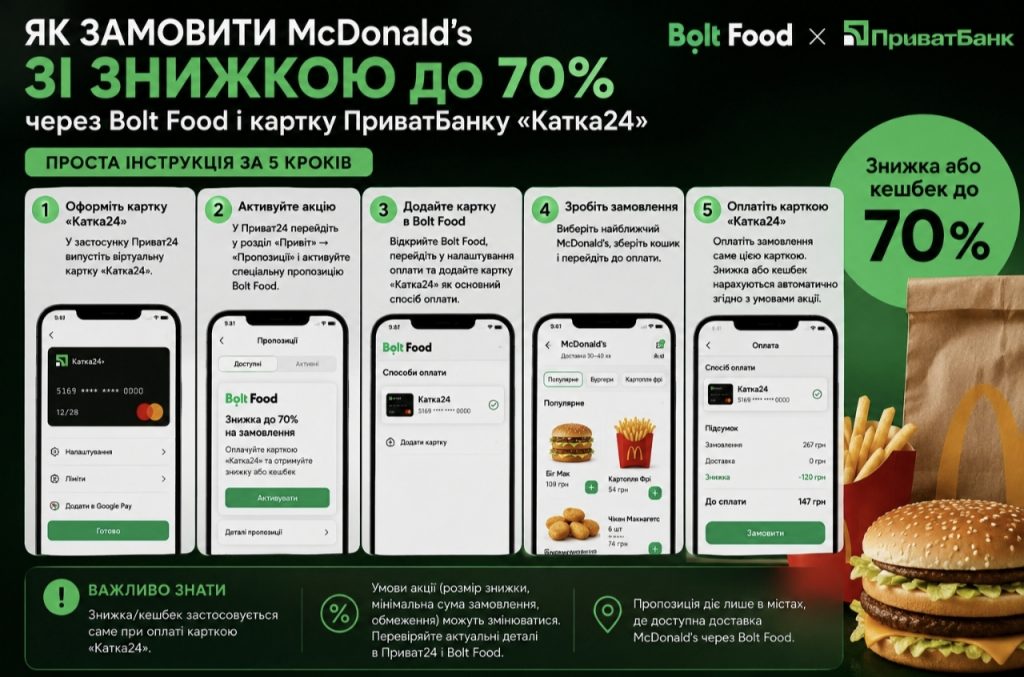 Як замовити McDonald’s зі знижкою до 70 % через Bolt Food і картку ПриватБанку: проста інструкція
