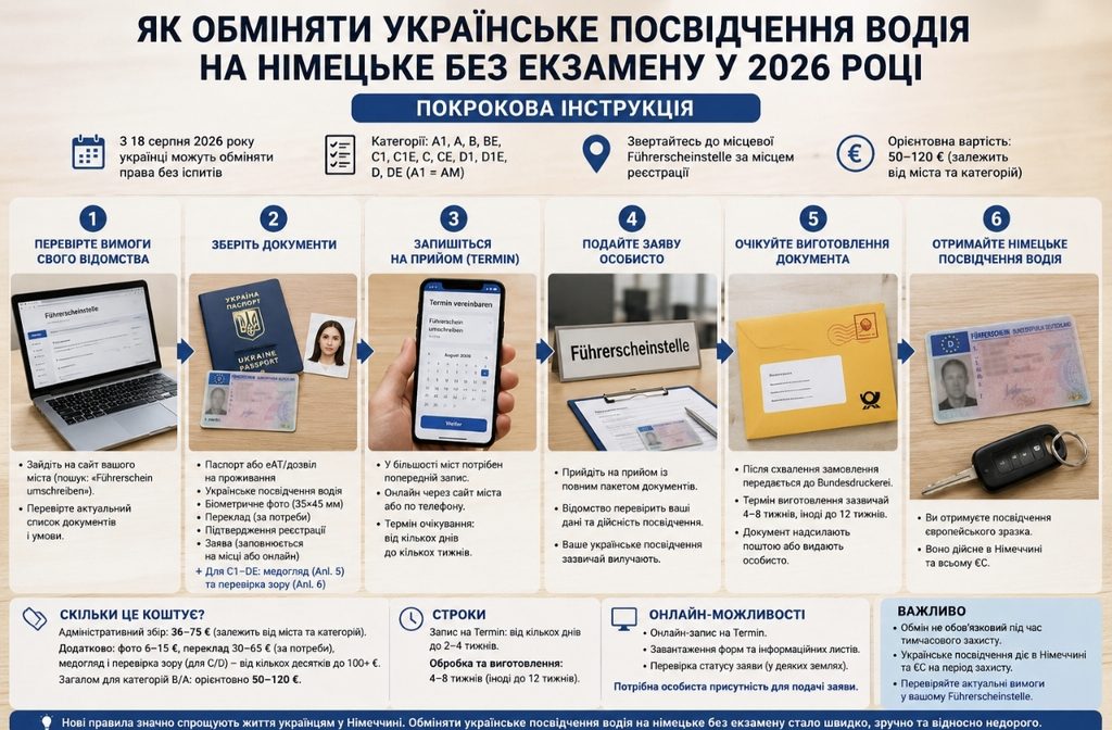 Як обміняти українське посвідчення водія на німецьке без іспитів у 2026 році: документи, ціна, строки та покрокова інструкція
