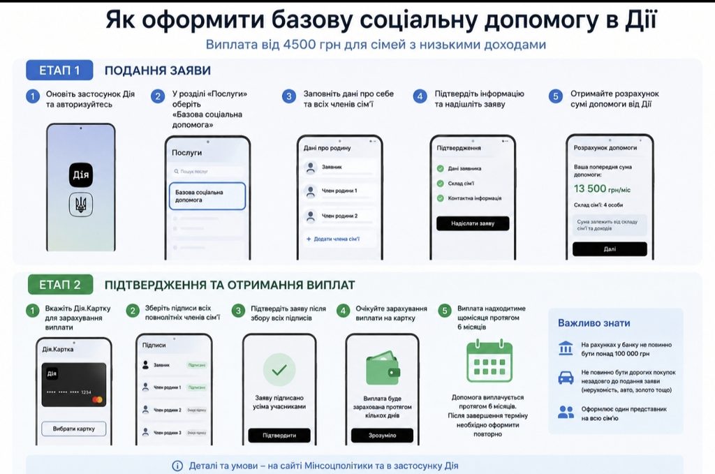 Як отримати 4500 грн через Дію у 2026 році — кому доступна базова соціальна допомога та як оформити виплату у два етапи