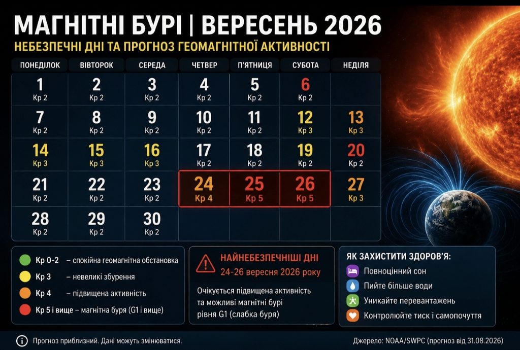 Магнітні бурі у вересні 2026 року в Україні — прогноз сонячної активності, небезпечні дні та як захистити здоров’я