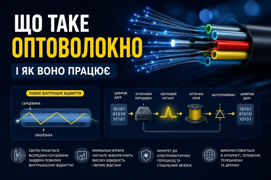 Як працює оптоволокно: принцип передачі світла, GPON-інтернет і застосування у FPV-дронах
