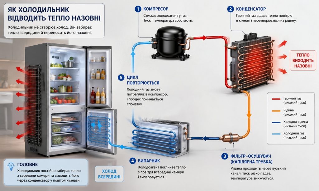 Як працює холодильник: компресор, фреон, випарник і принцип охолодження