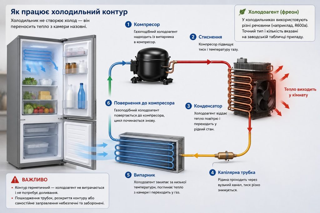 Як працює холодильник: компресор, фреон, випарник і принцип охолодження