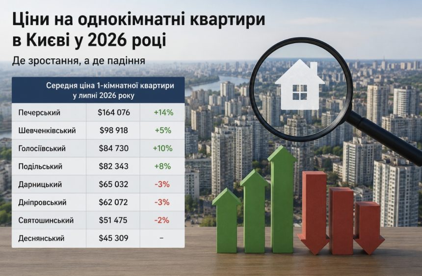 Ціни на однокімнатні квартири в Києві у 2026 році: де житло подорожчало найбільше, а в яких районах стало дешевшим