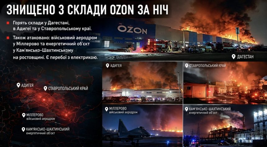 Скільки складів Ozon постраждали за ніч у Росії та де зафіксували найбільші пожежі