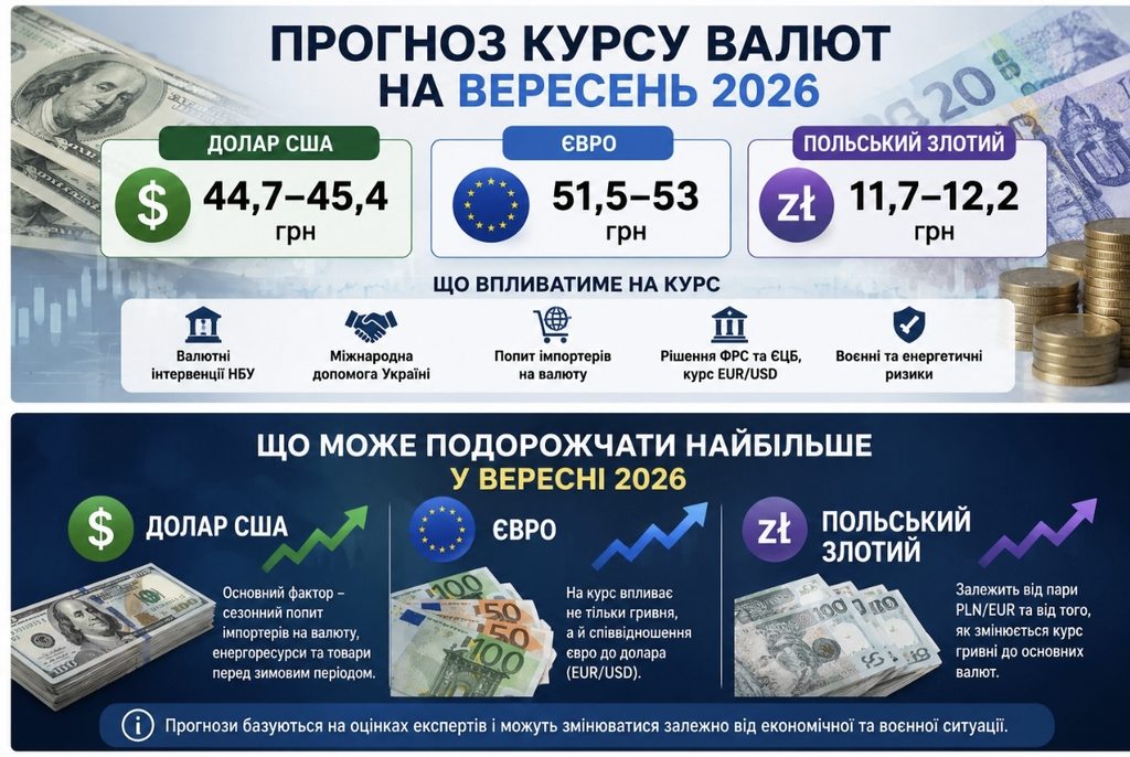 Прогноз курсу валют на вересень 2026: що буде з доларом, євро та злотим