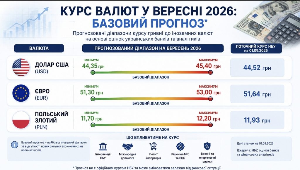 Прогноз курсу валют на вересень 2026: що буде з доларом, євро та злотим