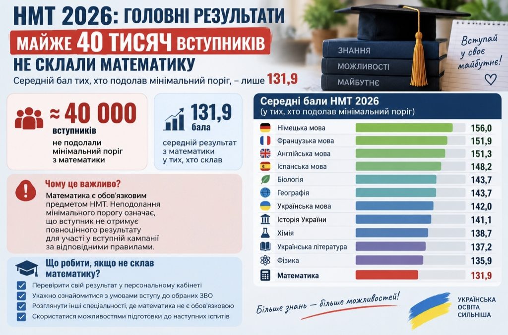 Скільки вступників не склали математику на НМТ 2026 і який середній бал