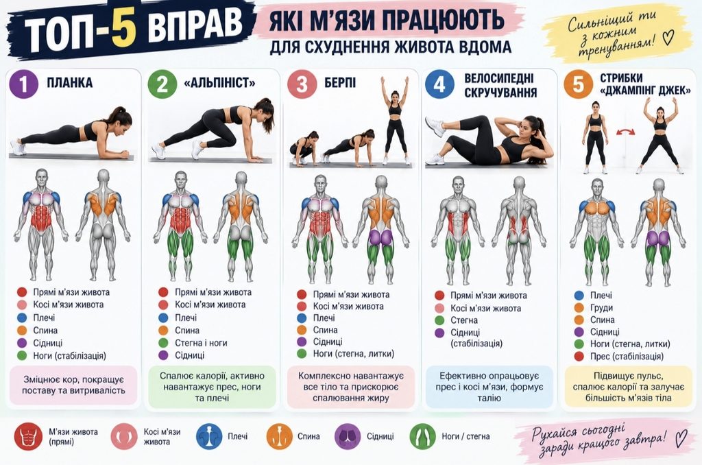 ТОП-5 найкращих вправ для схуднення живота вдома у 2026 році