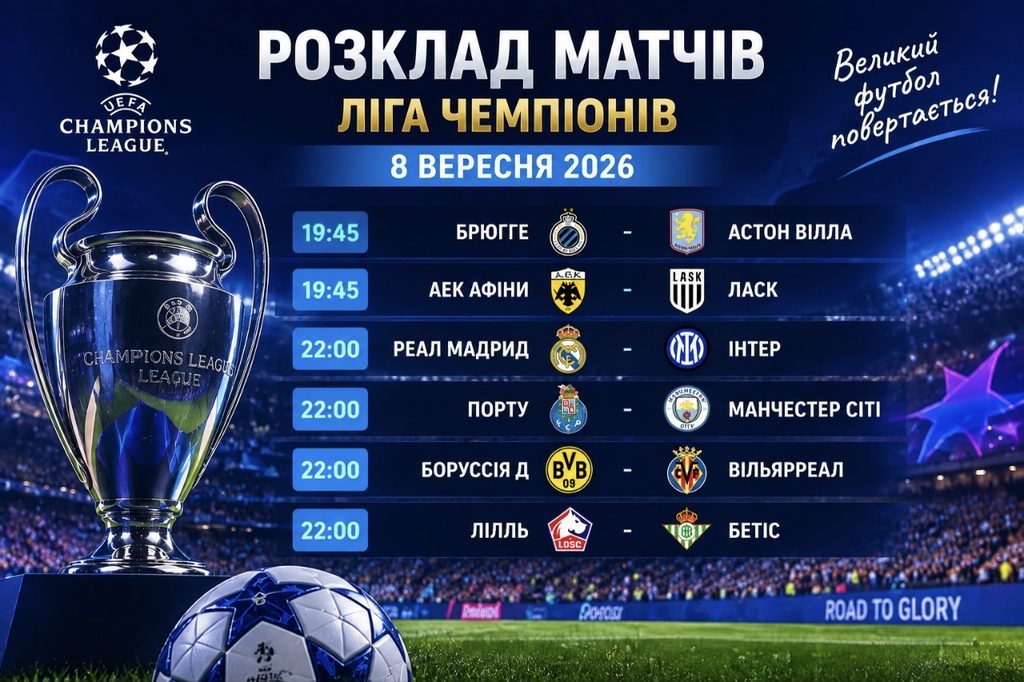 Ліга чемпіонів сьогодні — розклад матчів 8 вересня 2026 року, хто зіграє у першому турі та де дивитися