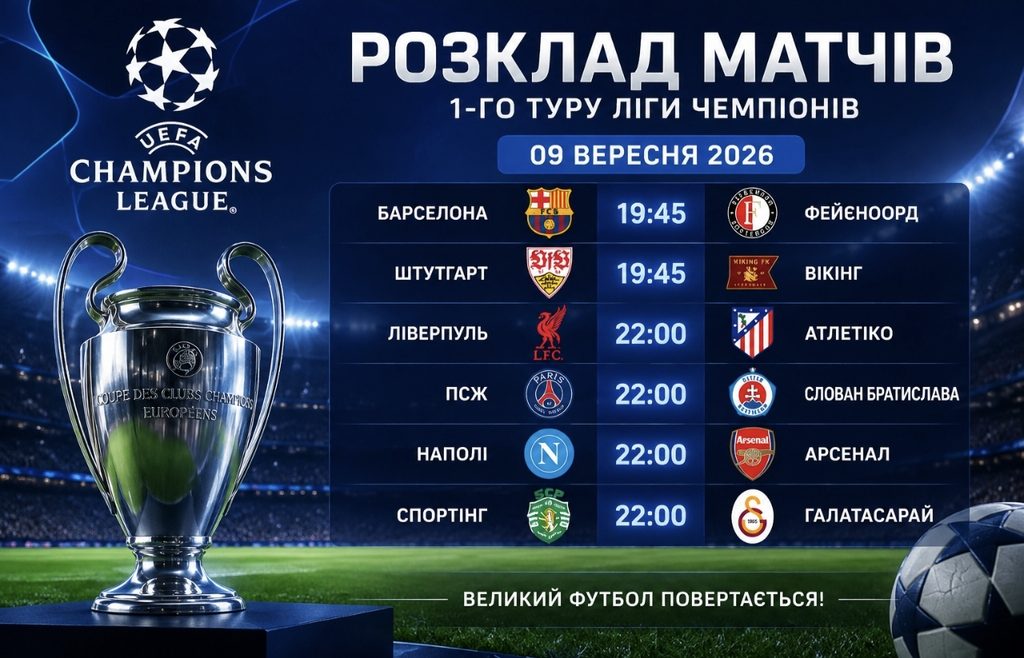Розклад матчів Ліги чемпіонів 9 вересня 2026 року: коли грають Барселона, Ліверпуль, ПСЖ та Арсенал