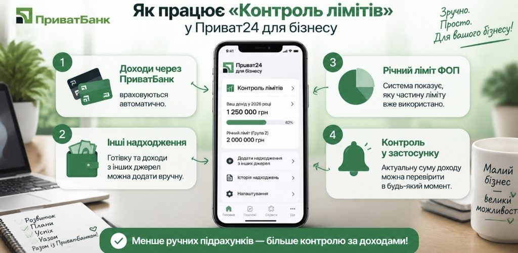 ПриватБанк додав контроль ліміту доходу для ФОП: як працює новий сервіс у Приват24 для бізнесу