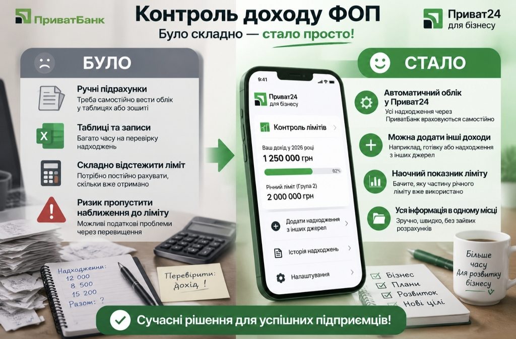 ПриватБанк додав контроль ліміту доходу для ФОП: як працює новий сервіс у Приват24 для бізнесу