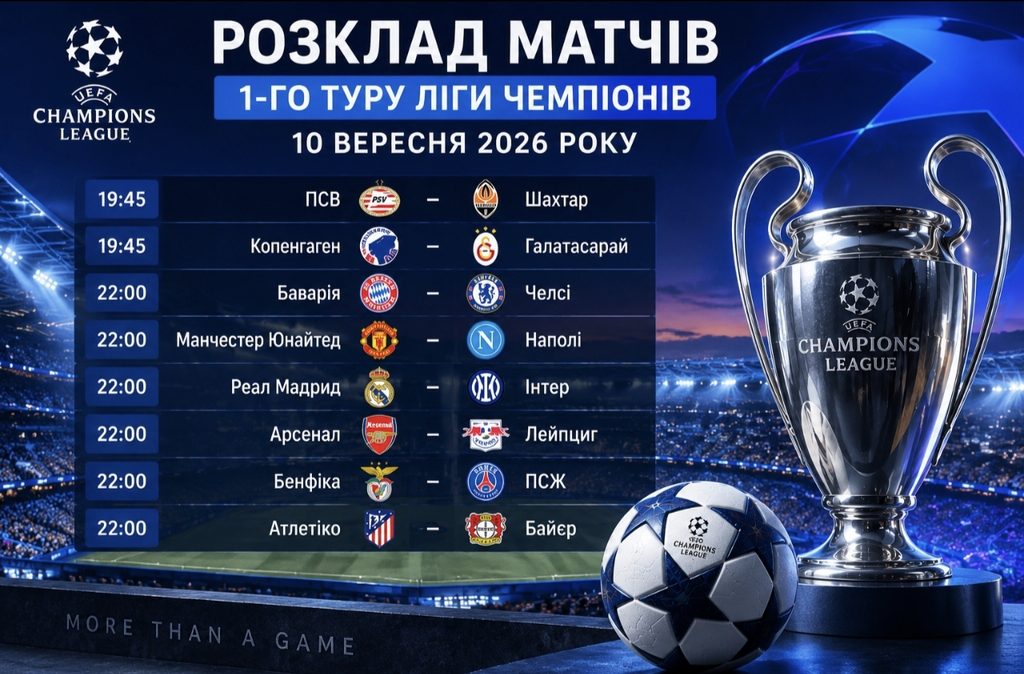 Ліга чемпіонів 10 вересня 2026: розклад матчів, час початку та де дивитися