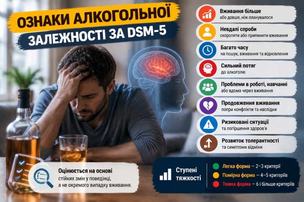Як зрозуміти, що є алкогольна залежність: критерії DSM-5, тест AUDIT та головні ознаки проблеми