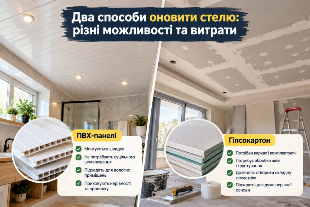 Як зробити стелю дешево у 2026 році: фарба, шпалери, ПВХ чи гіпсокартон