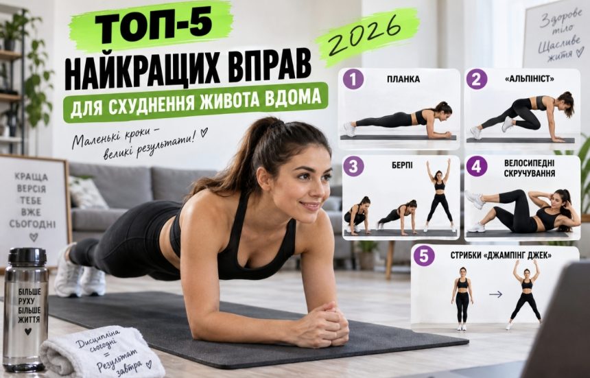 ТОП-5 найкращих вправ для схуднення живота вдома у 2026 році