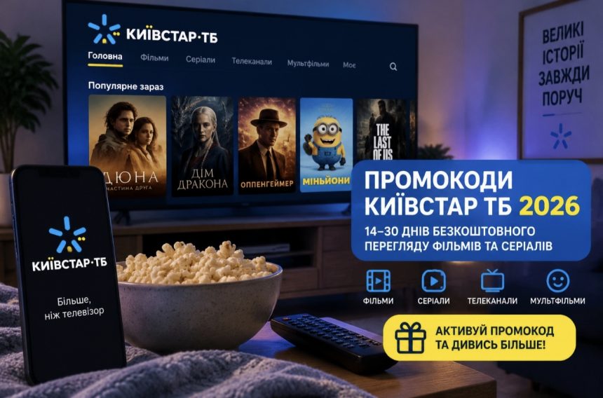 Промокоди Київстар ТБ 2026: як отримати 14–30 днів безкоштовного перегляду фільмів та серіалів