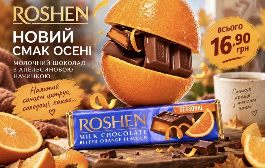 Осіння новинка Roshen 2026 — молочний шоколад з апельсиновою начинкою: скільки коштує батончик, який у нього смак та де шукати