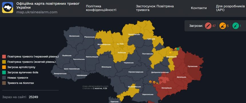 Повітряна тривога в Україні 2 жовтня 2026: онлайн-карта сирен у режимі реального часу