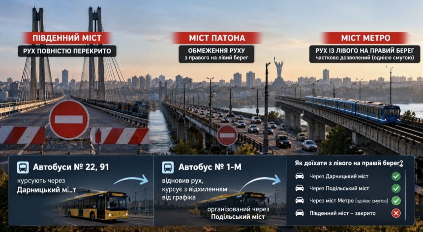 У Києві перекрили Південний міст: як доїхати з лівого берега на правий 2 жовтня