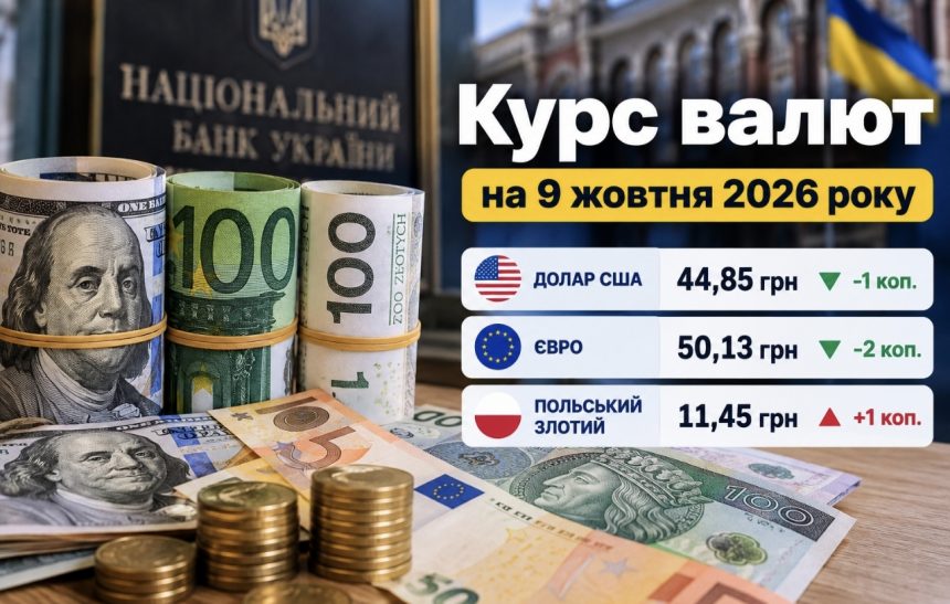 Курс валют на 9 жовтня 2026 року: долар і євро подешевшали, а злотий зріс