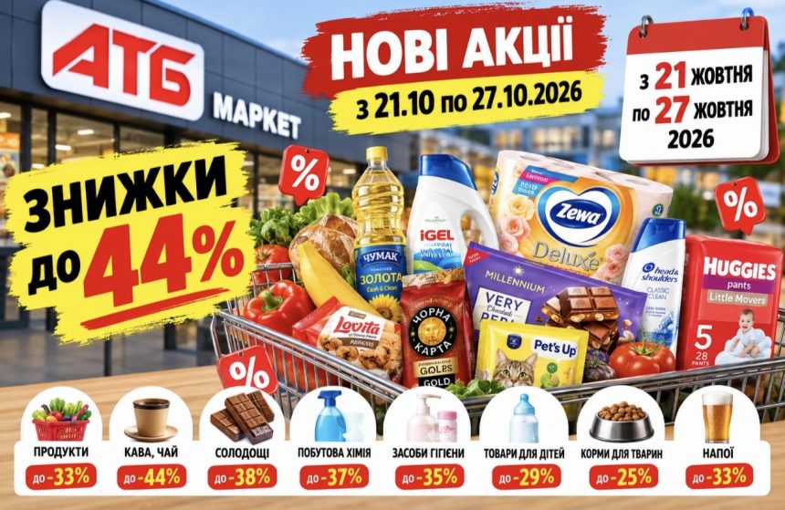Які знижки будуть в АТБ з 21 по 27 жовтня 2026 року: що подешевшає до 44%, скільки коштуватимуть продукти та на чому можна заощадити