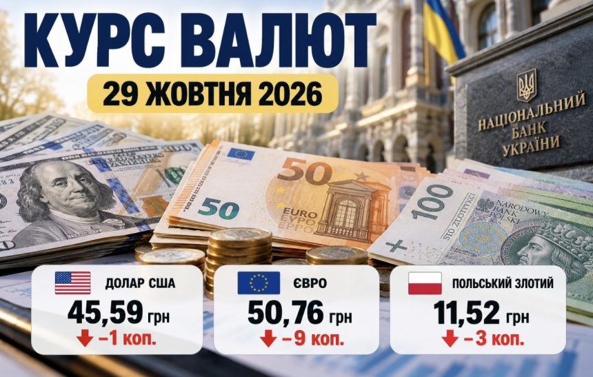 Курс валют на 29 жовтня 2026 року: скільки коштують долар, євро та злотий в Україні